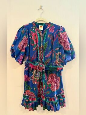 FARM Rio Blue Floral Puff Sleeve Mini Dress Belted with Ruffle Hem, Large